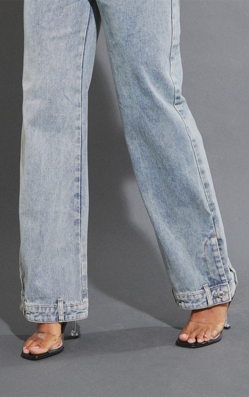 Blue / Wash Pretty Little Thing Mid Wash Waistband Detail Hem Straight Leg Jeans | NAWGURO-07