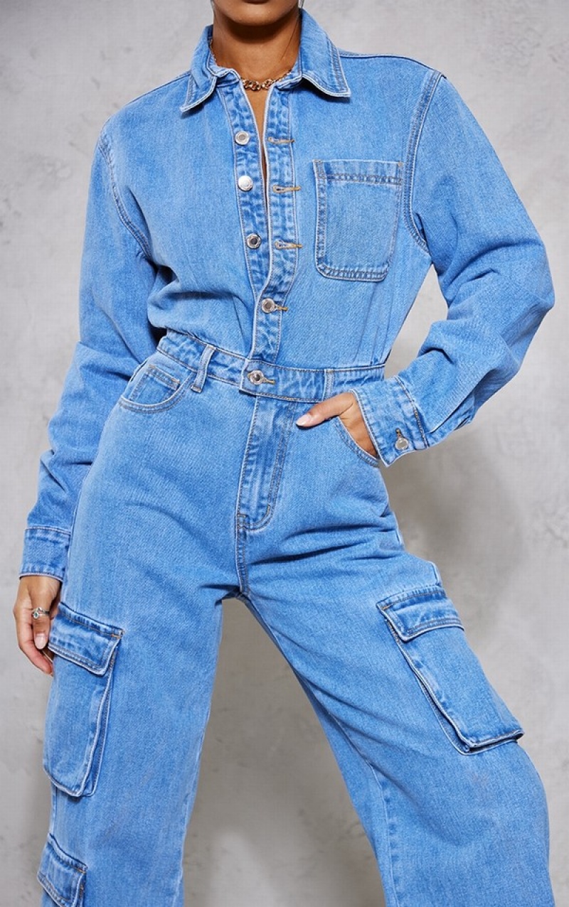 Blue / Wash Pretty Little Thing Mid Wash Cargo Pocket Detail Wide Leg Jumpsuits | ZFCLRTE-94