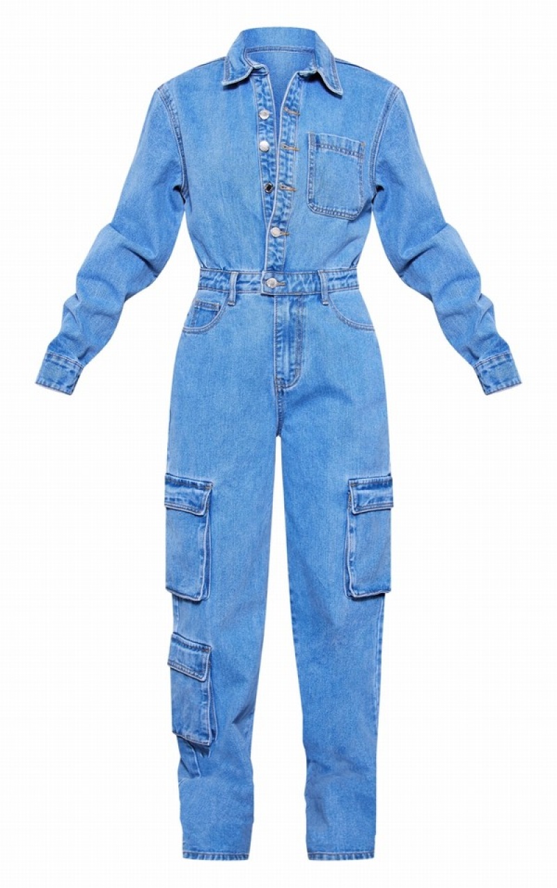 Blue / Wash Pretty Little Thing Mid Wash Cargo Pocket Detail Wide Leg Jumpsuits | ZFCLRTE-94