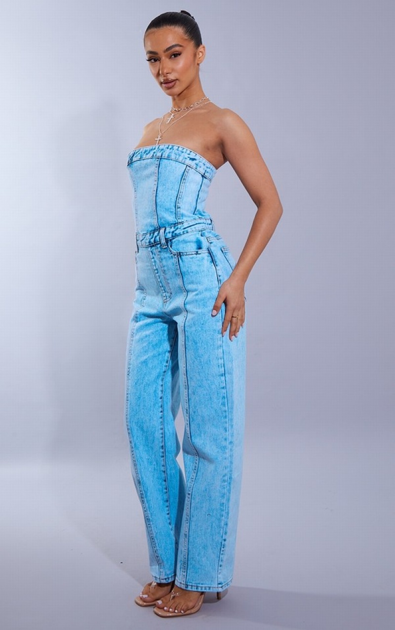 Blue / Wash Pretty Little Thing Petite Acid Wash Bandeau Jumpsuits | EHOYPVW-32