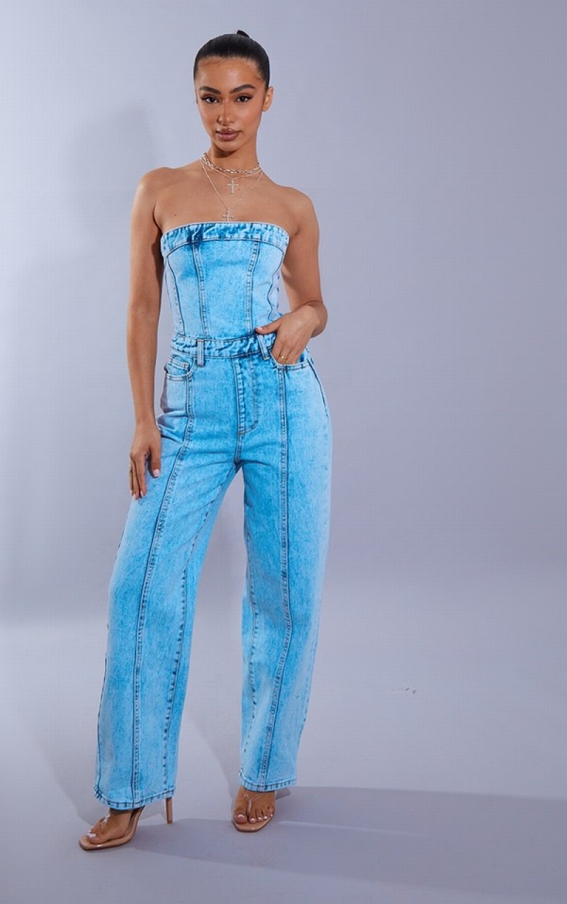 Blue / Wash Pretty Little Thing Petite Acid Wash Bandeau Jumpsuits | EHOYPVW-32