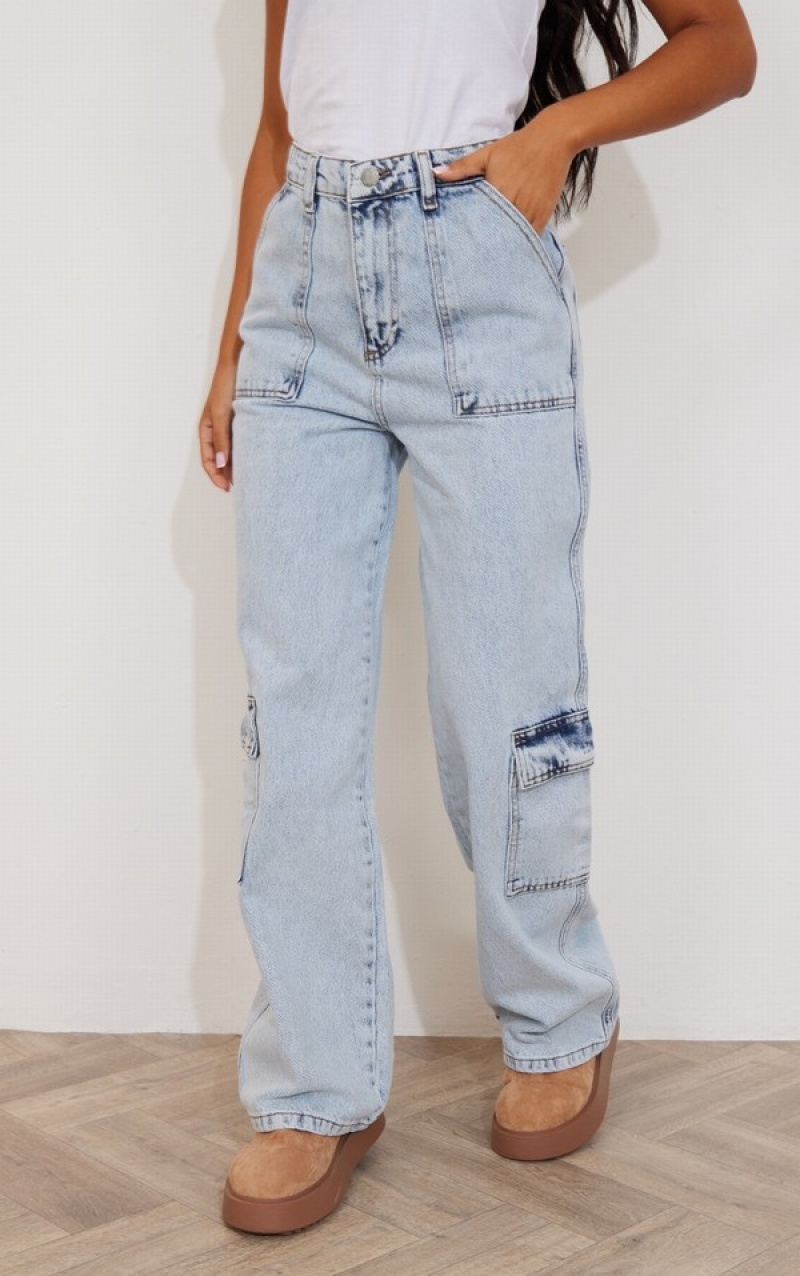 Blue / Wash Pretty Little Thing Petite Acid Wash Pocket gy Wide Leg Jean Jeans | GBCXLUA-83