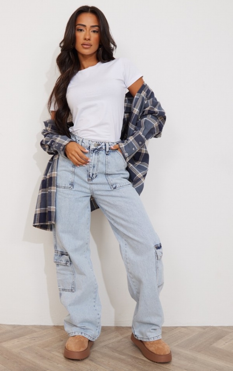 Blue / Wash Pretty Little Thing Petite Acid Wash Pocket gy Wide Leg Jean Jeans | GBCXLUA-83