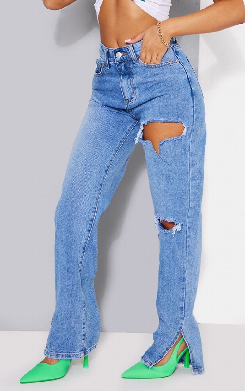 Blue / Wash Pretty Little Thing Petite Mid Wash Ripped Split Hem Jeans | TNFOQLG-29