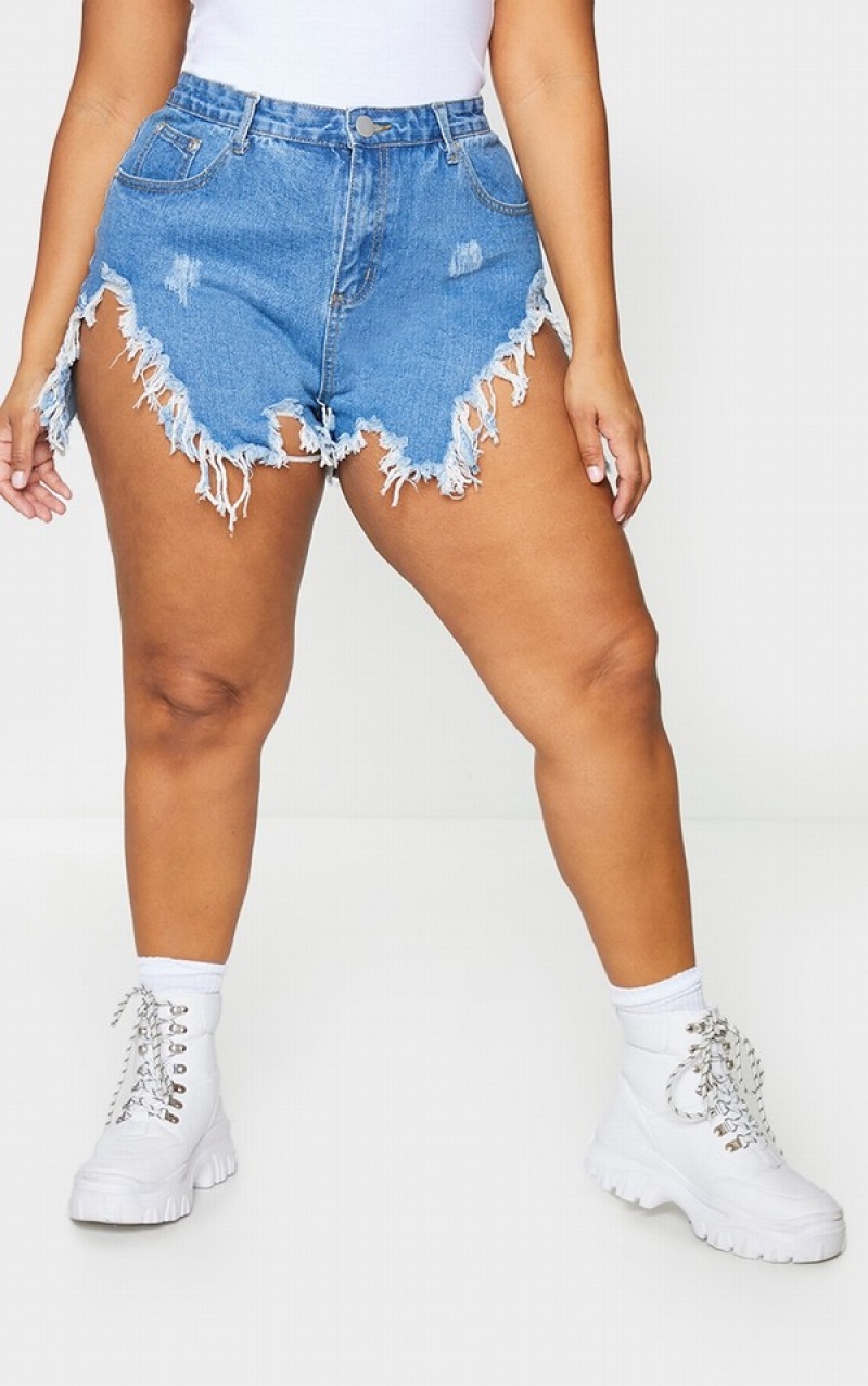 Blue / Wash Pretty Little Thing Plus Mid Wash Extreme Thigh Rip Shorts | OPARLMW-01