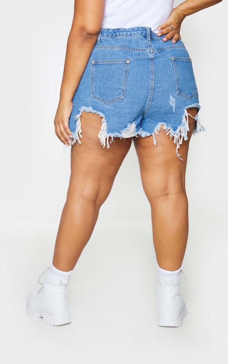 Blue / Wash Pretty Little Thing Plus Mid Wash Extreme Thigh Rip Shorts | OPARLMW-01