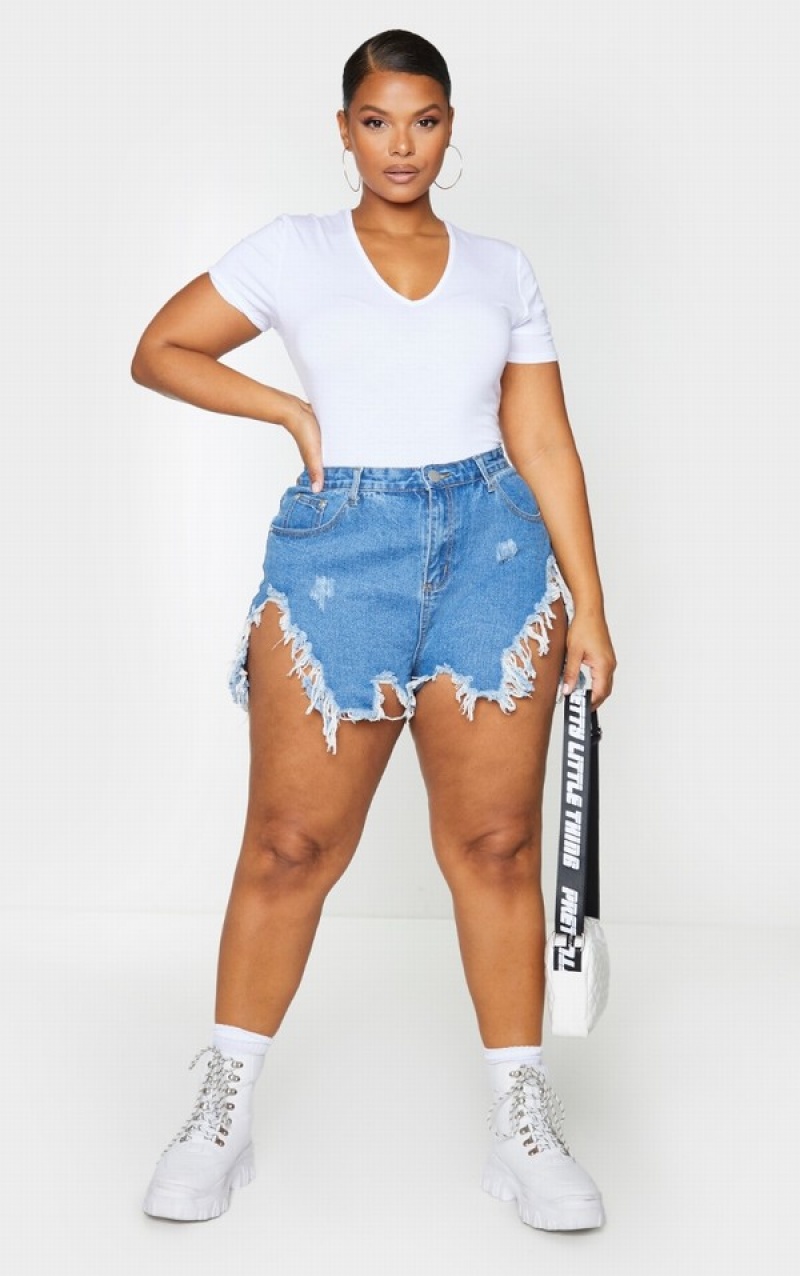 Blue / Wash Pretty Little Thing Plus Mid Wash Extreme Thigh Rip Shorts | OPARLMW-01