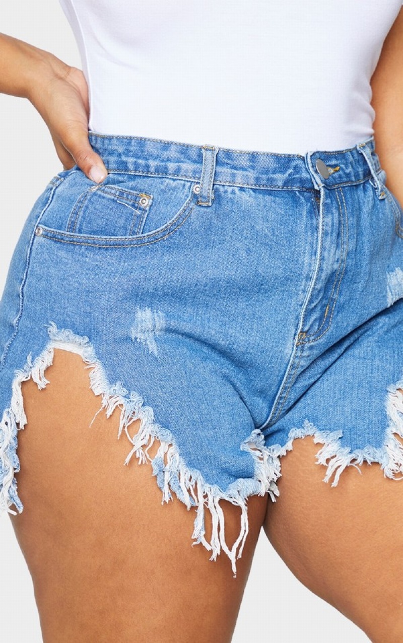 Blue / Wash Pretty Little Thing Plus Mid Wash Extreme Thigh Rip Shorts | OPARLMW-01