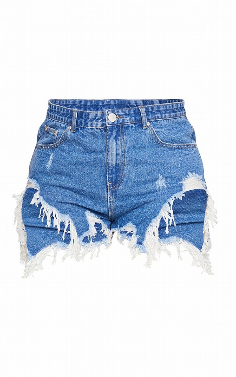 Blue / Wash Pretty Little Thing Plus Mid Wash Extreme Thigh Rip Shorts | OPARLMW-01