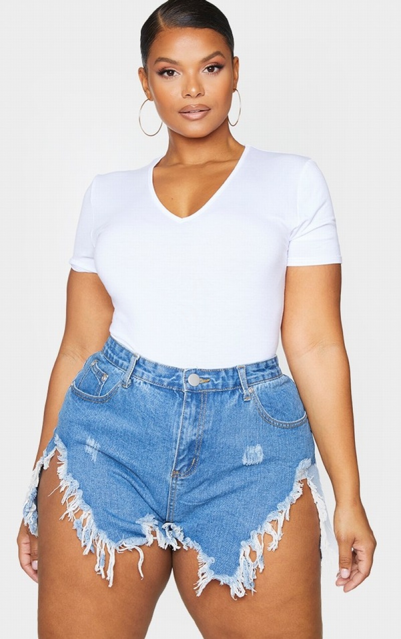 Blue / Wash Pretty Little Thing Plus Mid Wash Extreme Thigh Rip Shorts | OPARLMW-01