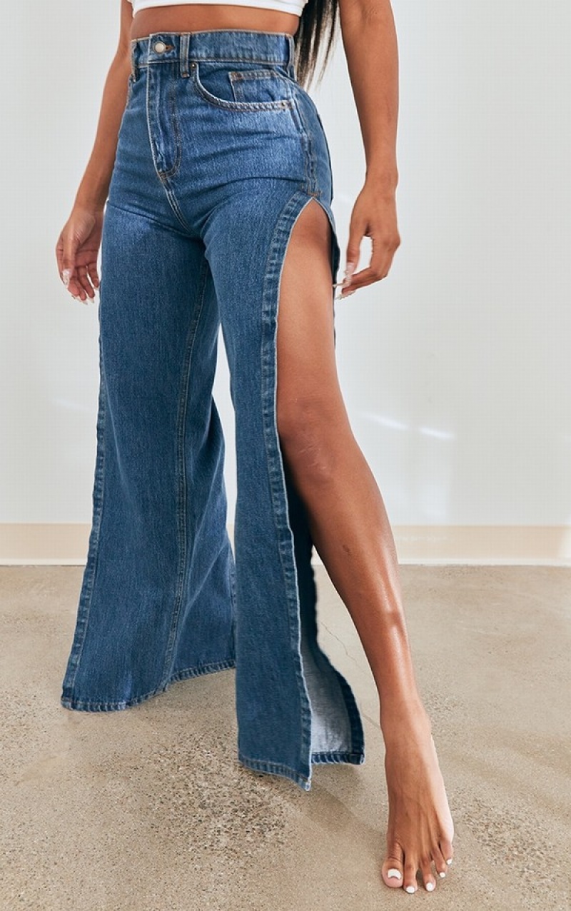 Blue / Wash Pretty Little Thing Shape Mid Wash Extreme Split Detail Jeans | KTCPOQB-46