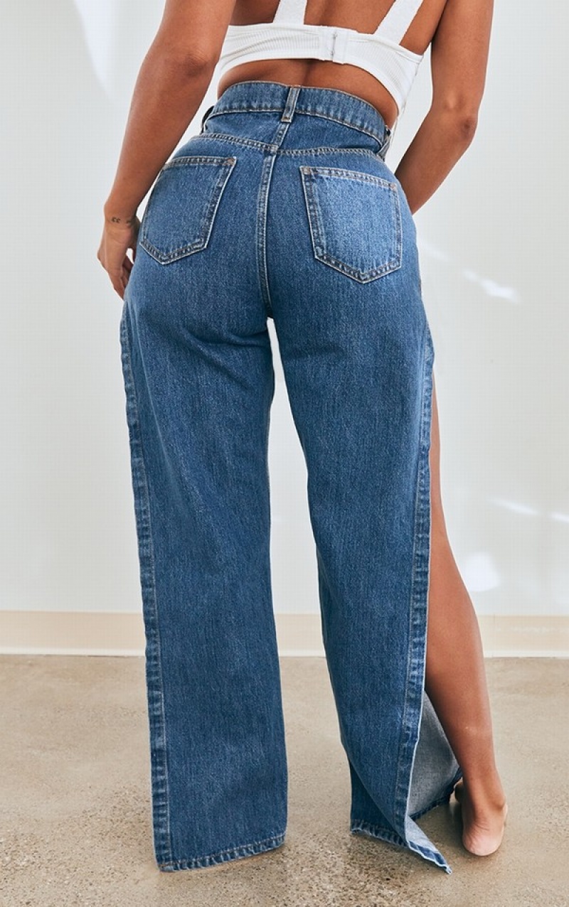 Blue / Wash Pretty Little Thing Shape Mid Wash Extreme Split Detail Jeans | KTCPOQB-46