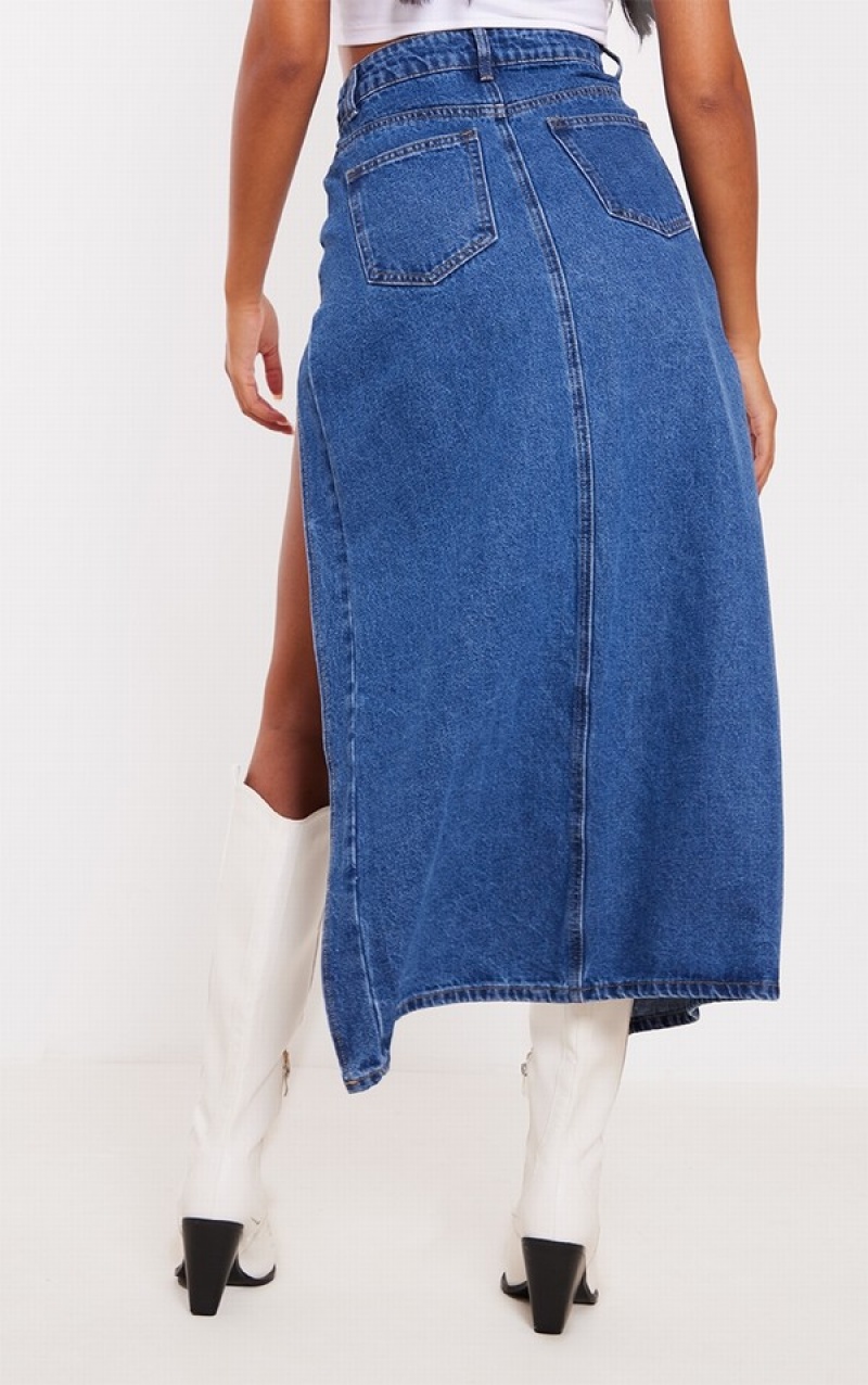 Blue / Wash Pretty Little Thing Tall Mid Wash Thigh Split Midaxi Skirts | OVYXNLS-91