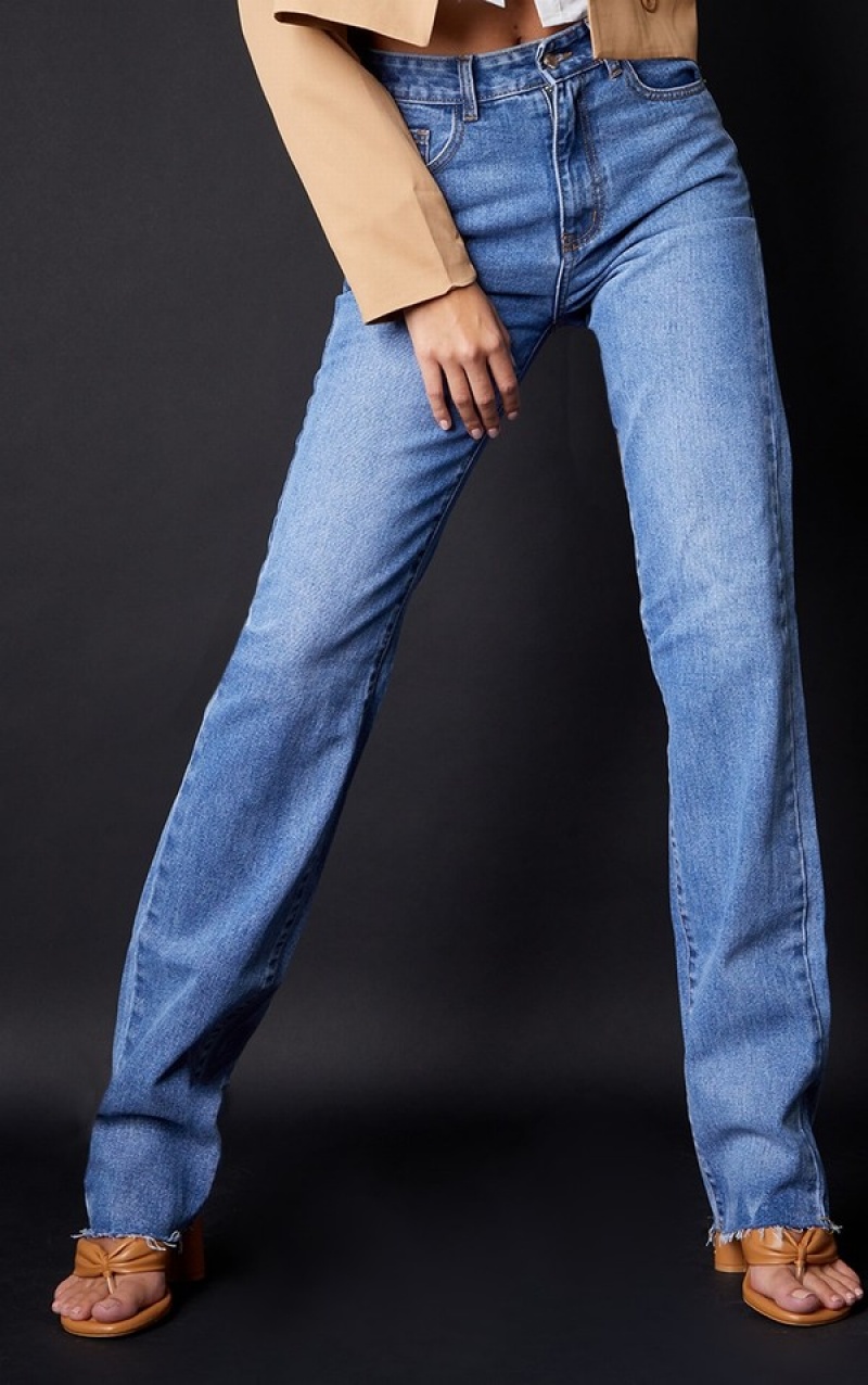 Blue / Wash Pretty Little Thing Tall Mid Wash Long Leg Straight Jeans | AEGXSOR-93