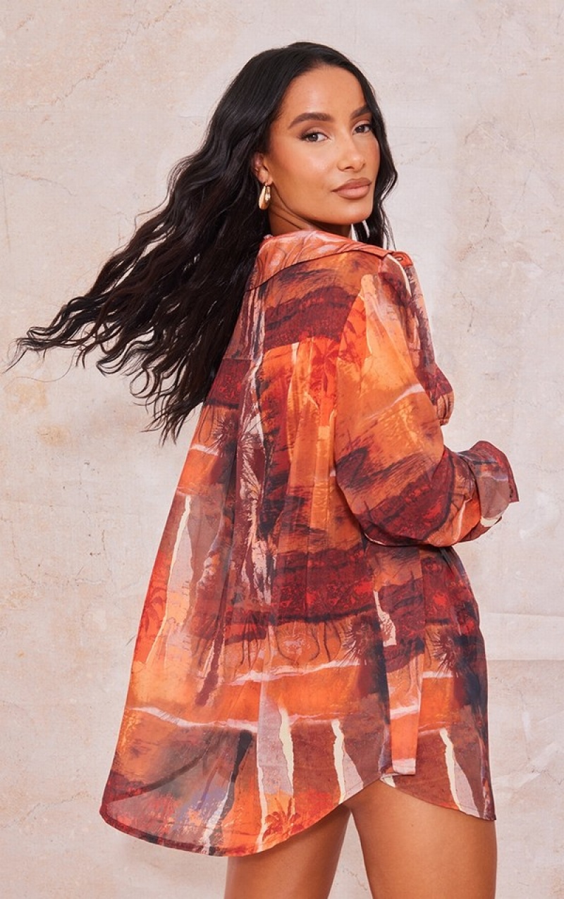 Brown Pretty Little Thing Abstract Print Oversized Beach Shirts | ASVHLTC-32