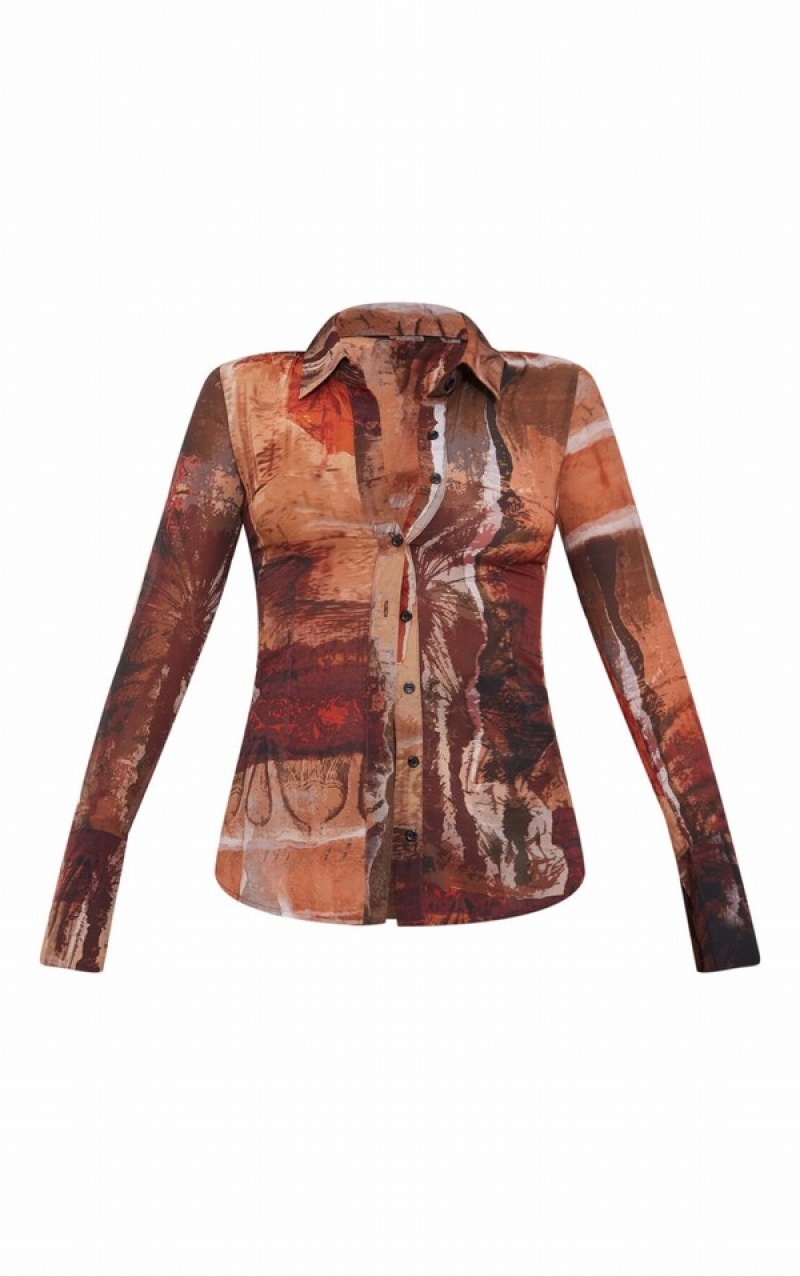 Brown Pretty Little Thing Abstract Printed Chiffon Shirts | WLOZUXK-93