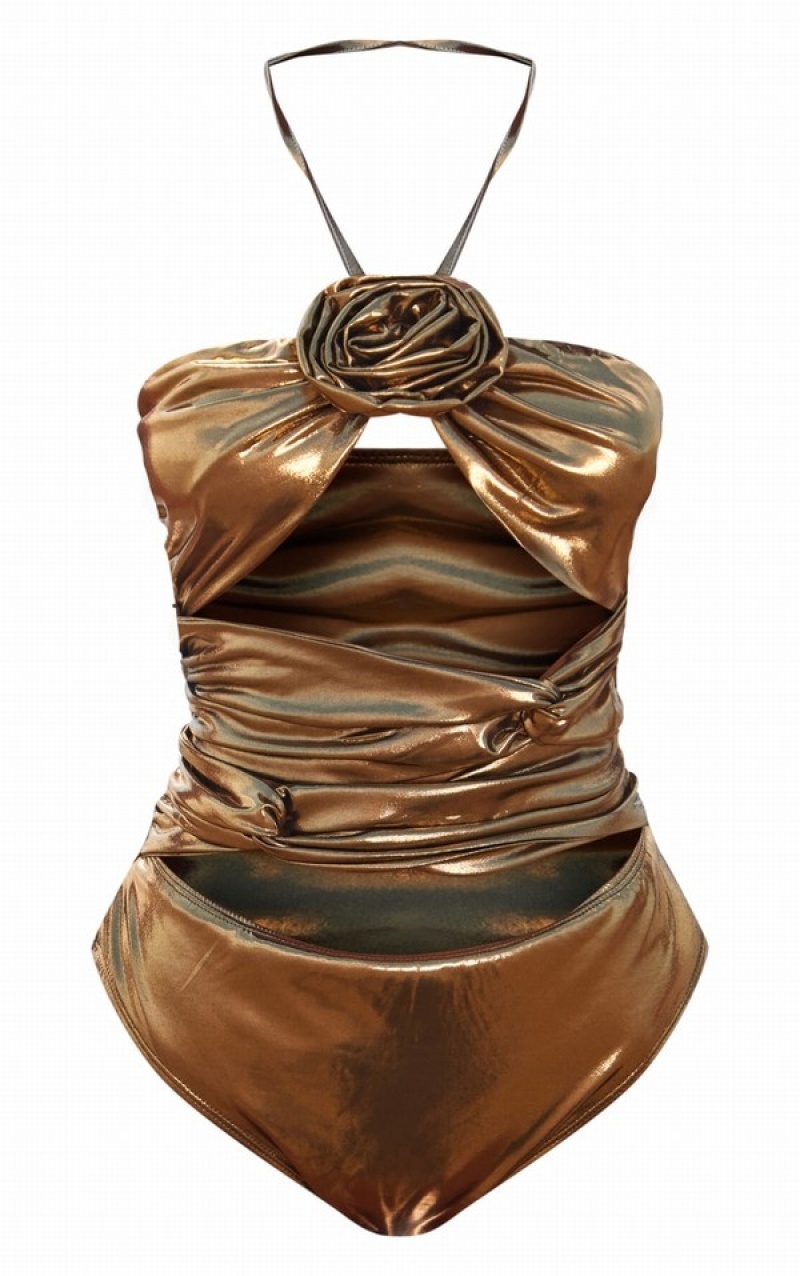 Brown Pretty Little Thing Bronze Metallic Flower Detail Swimsuits | JISQPKC-01