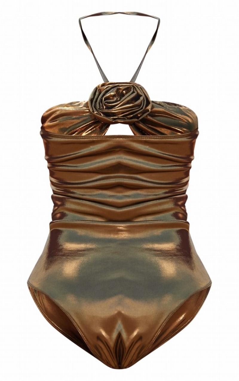 Brown Pretty Little Thing Bronze Metallic Flower Detail Swimsuits | JISQPKC-01