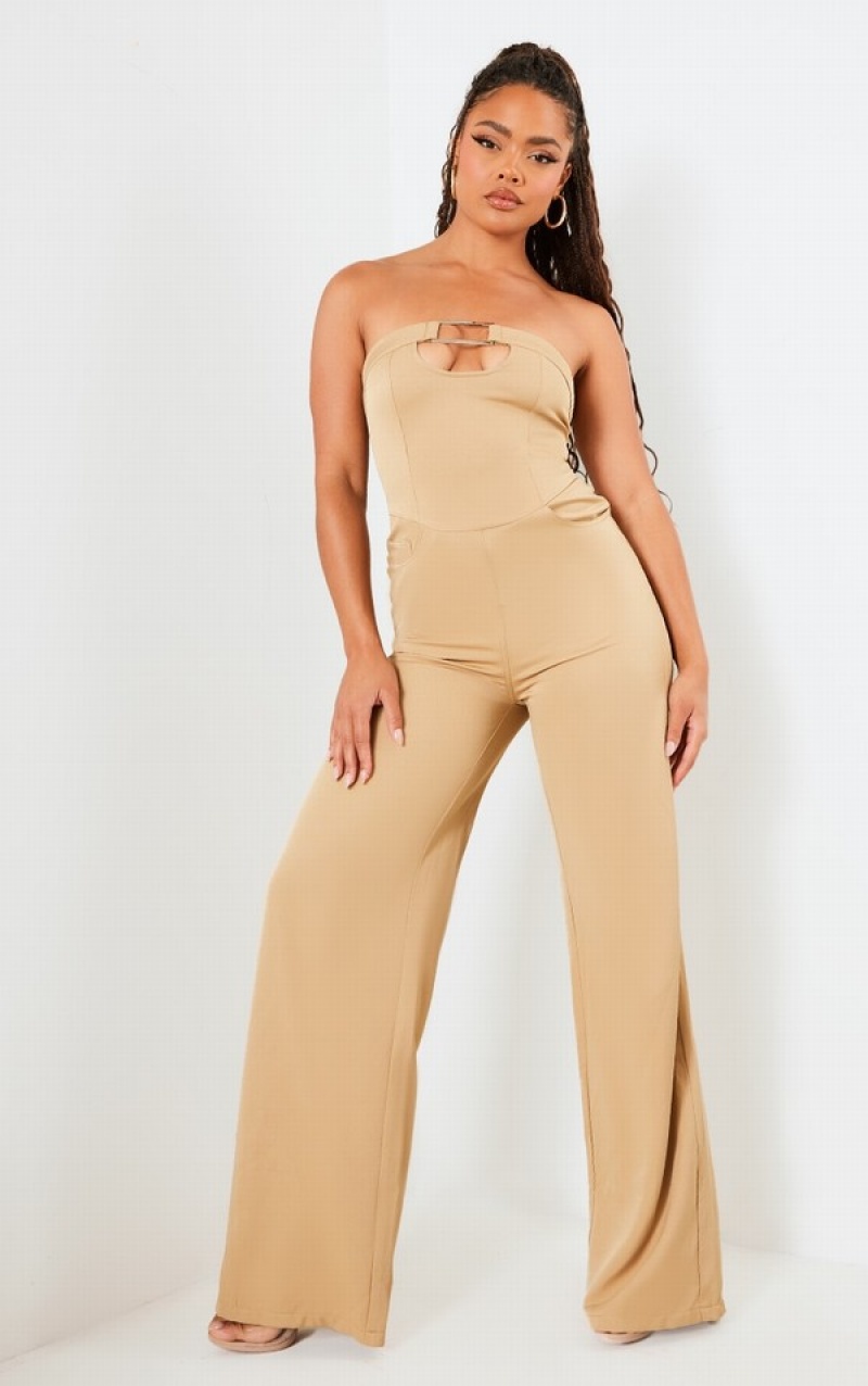 Brown Pretty Little Thing Camel Buckle Detail TailoWoven Jumpsuits | OLEDJFV-89