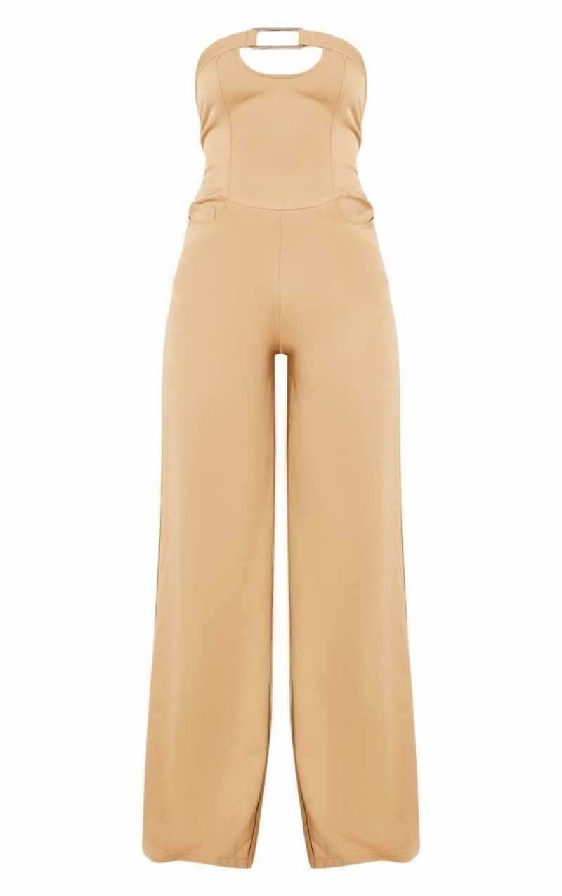 Brown Pretty Little Thing Camel Buckle Detail TailoWoven Jumpsuits | OLEDJFV-89