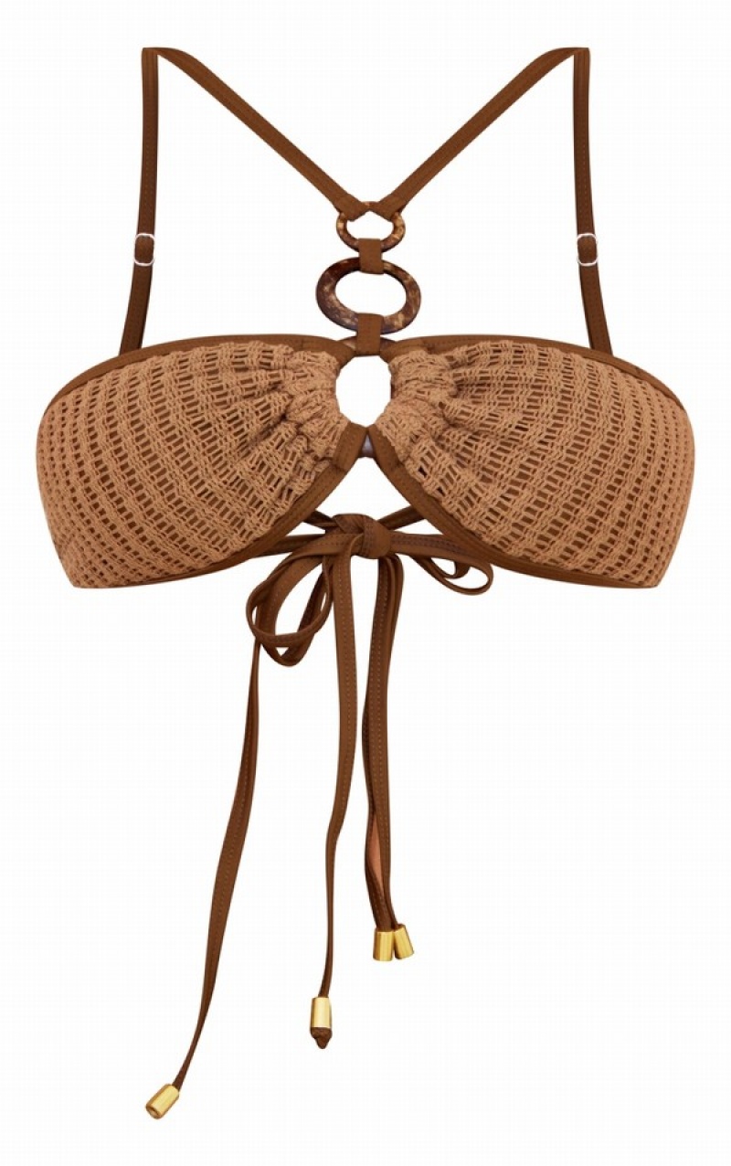 Brown Pretty Little Thing Contrast Crochet O Detail Halterneck Bikini Tops | NJBTRZP-81