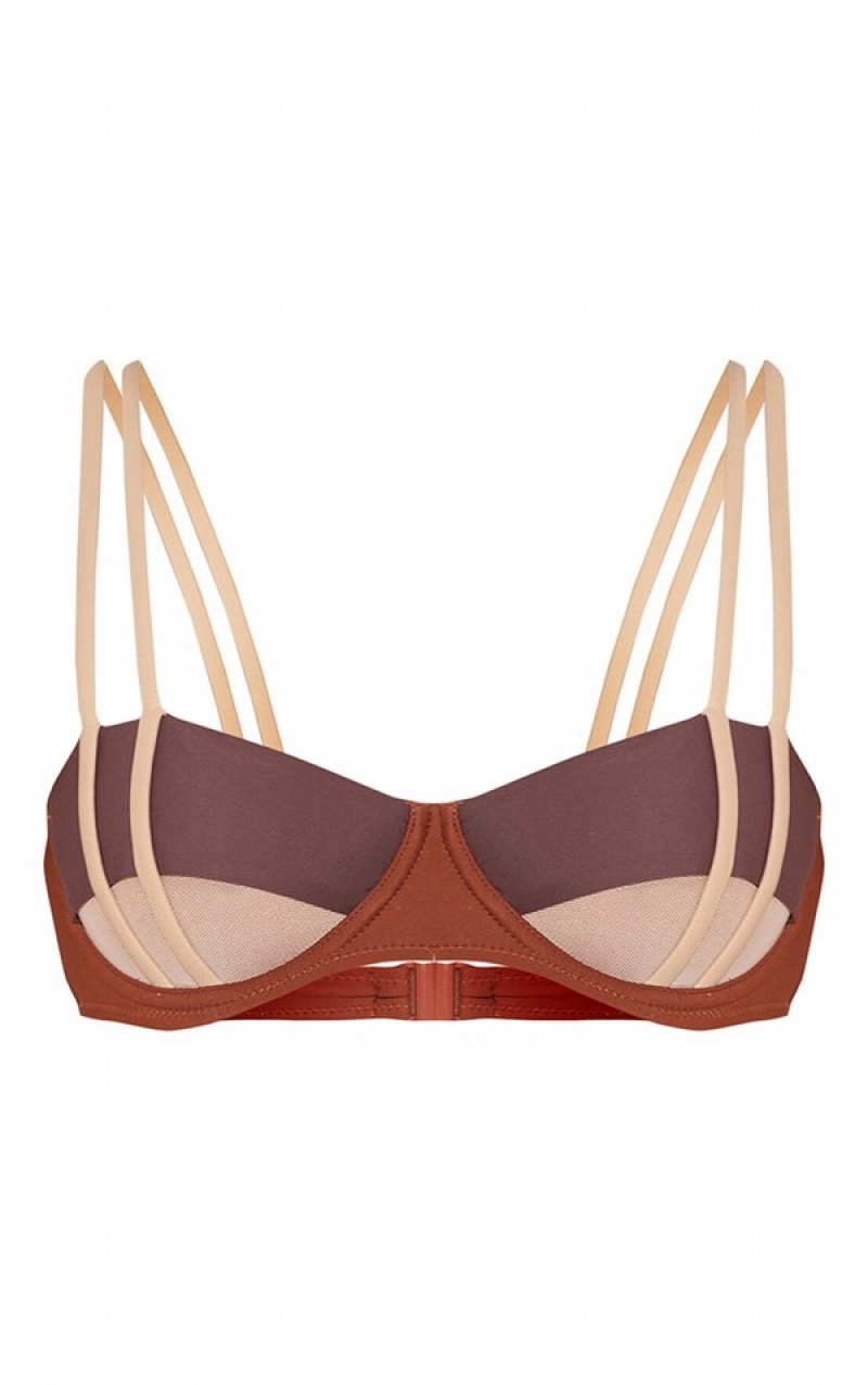 Brown Pretty Little Thing Contrast UnderwiMesh Cut Out Bikini Tops | BFSYOLU-32