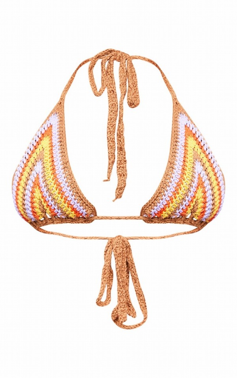 Brown Pretty Little Thing Crochet Contrast Stripe Triangle Bikini Tops | KVSQEFC-21