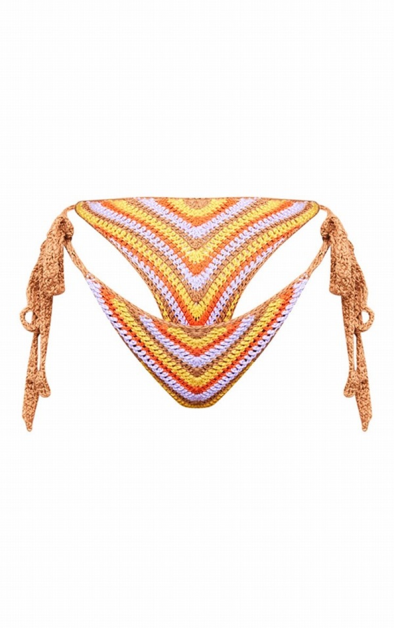 Brown Pretty Little Thing Crochet Contrast Stripe Tie Side Bikini Bottoms | BRKGXCQ-83