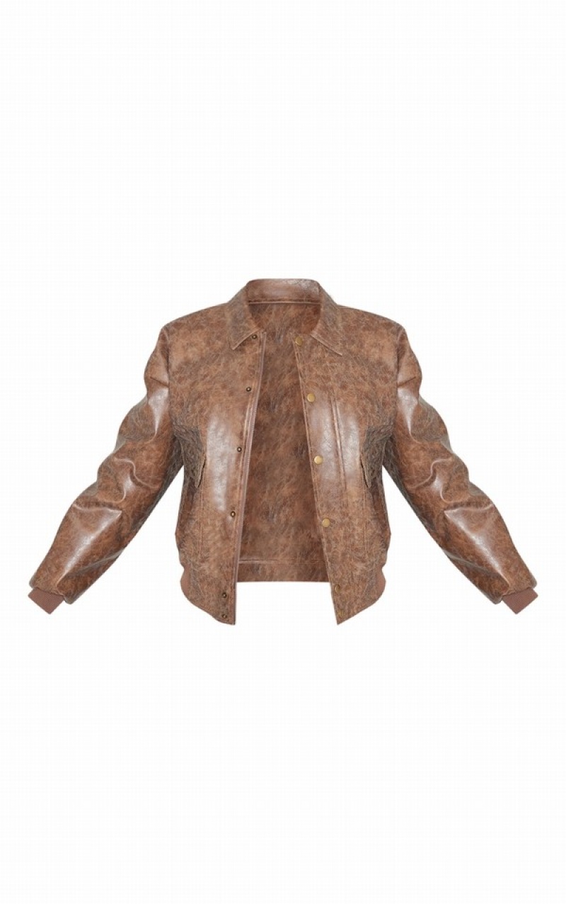 Brown Pretty Little Thing Distressed Faux Leather Oversized Bomber Jackets | XKFEMJH-86