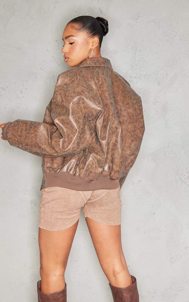 Brown Pretty Little Thing Distressed Faux Leather Oversized Bomber Jackets | XKFEMJH-86