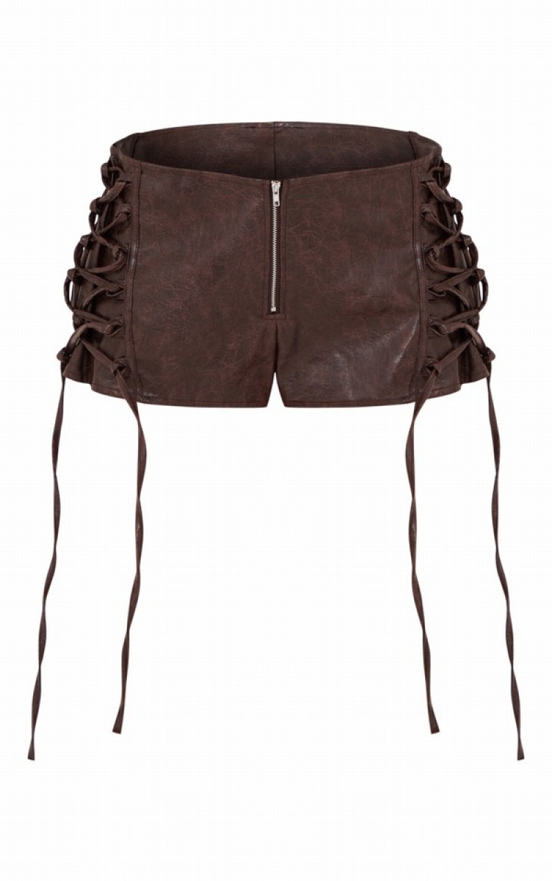 Brown Pretty Little Thing Distressed PU Lace Up Hot Shorts | DKUXLHW-34