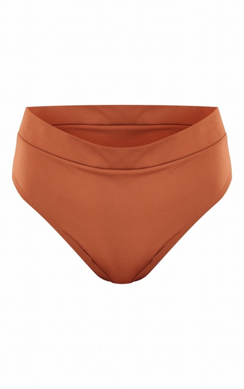 Brown Pretty Little Thing Elasticated Waist High Leg Bikini Bottoms | FSVMDPO-34