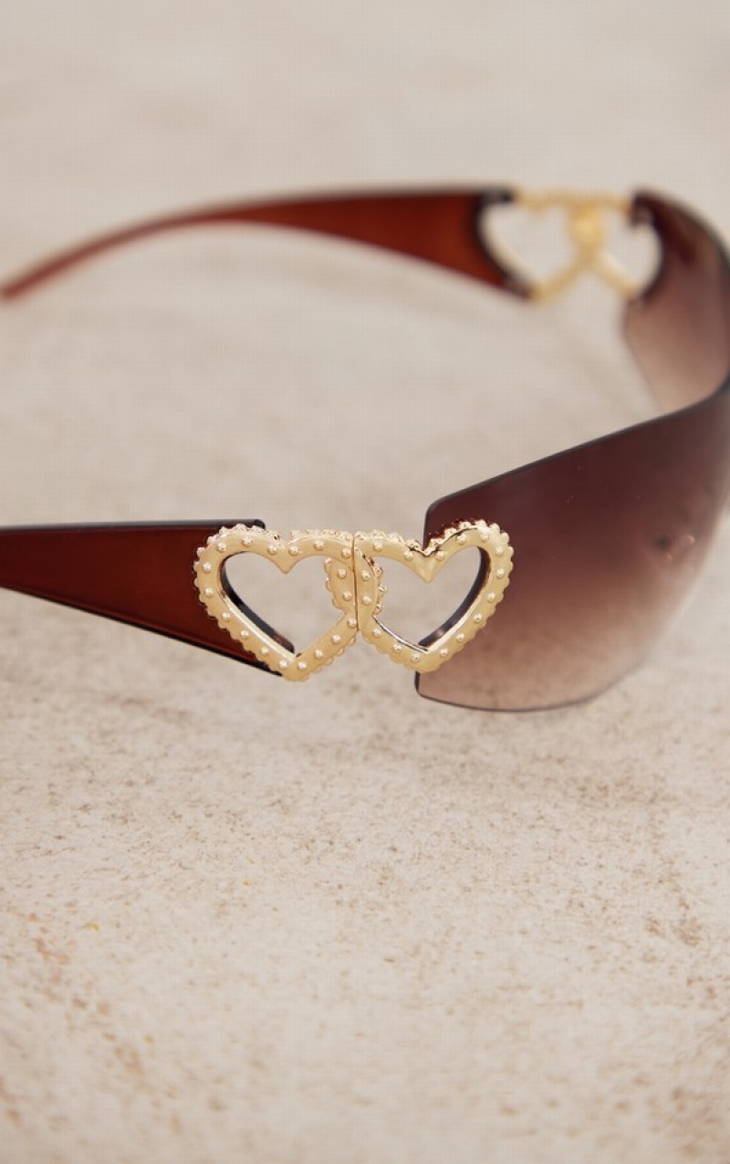 Brown Pretty Little Thing Heart Diamante 90s Visor Sunglasses | HXSUMZL-78