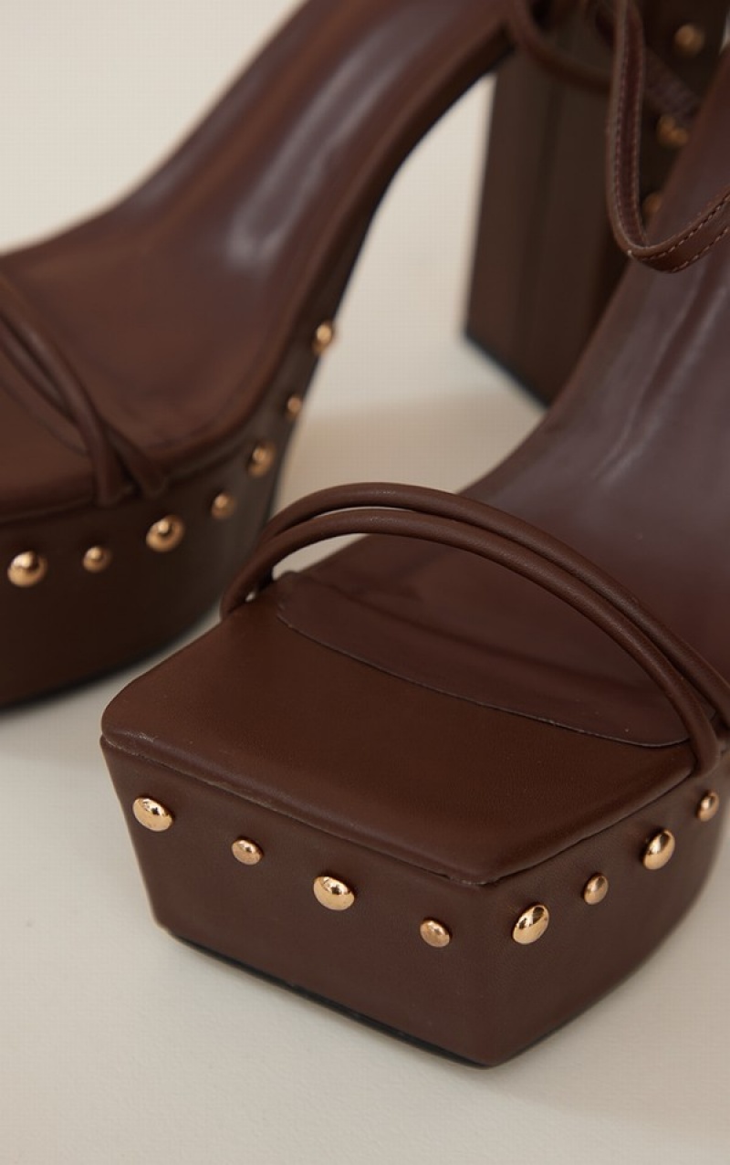 Brown Pretty Little Thing PU Square Toed Studded Trim Platform Heels | GMTWEDN-29