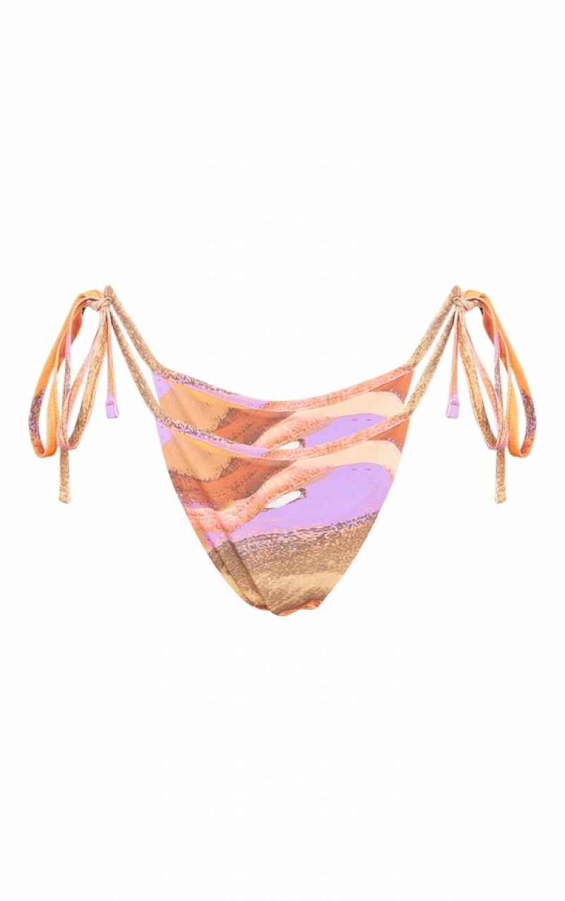 Brown Pretty Little Thing Paint Swirl Print Tie Side Bikini Bottoms | LTHCVAX-94