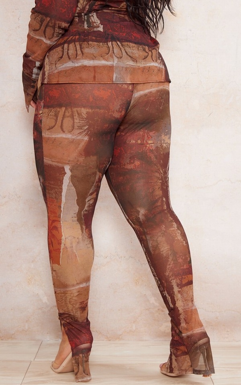 Brown Pretty Little Thing Plus Abstract Printed Mesh Leggings | SIFCENQ-54