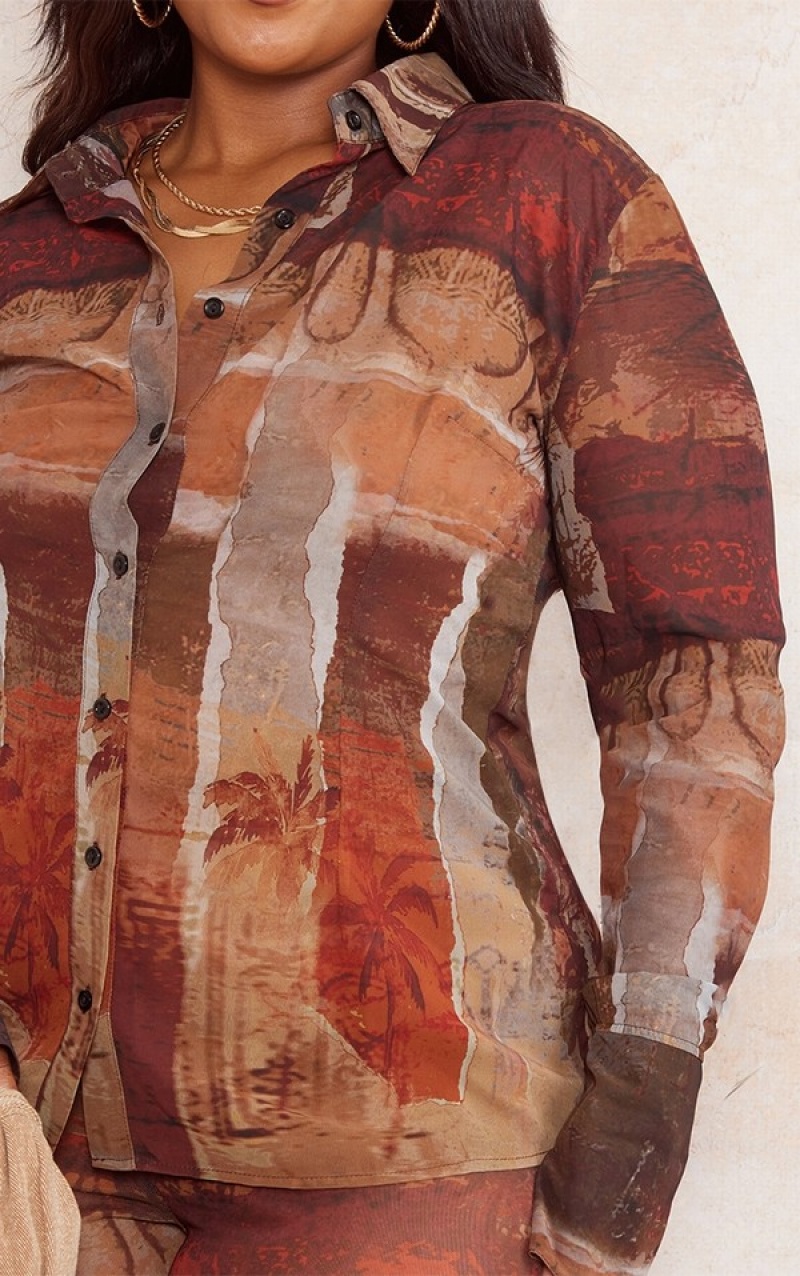 Brown Pretty Little Thing Plus Abstract Printed Chiffon Shirts | JZBEIGK-98