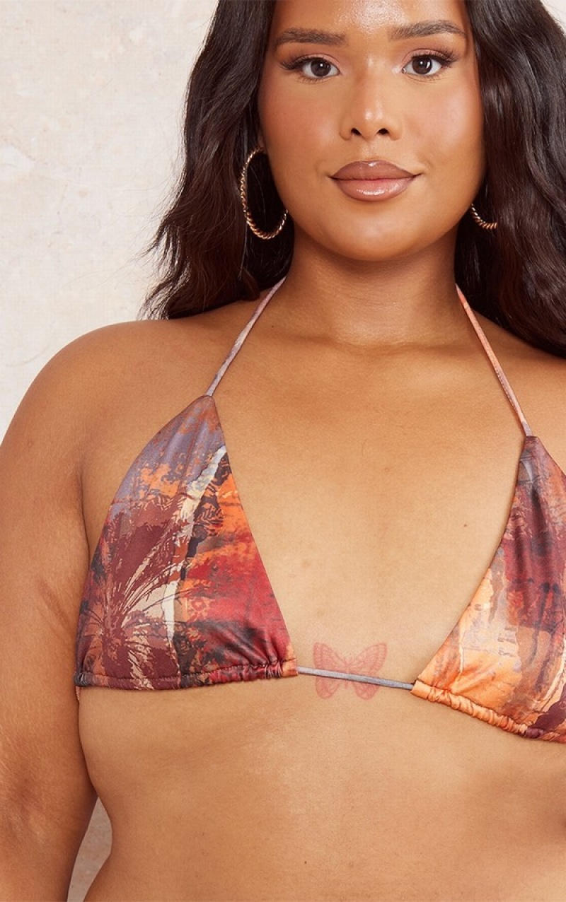 Brown Pretty Little Thing Plus Abstract Printed Triangle Bikini Tops | XKSPJQB-82