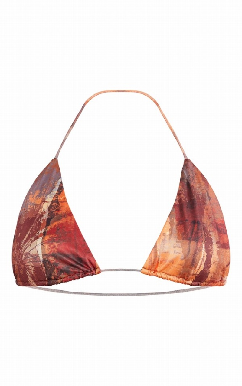 Brown Pretty Little Thing Plus Abstract Printed Triangle Bikini Tops | XKSPJQB-82