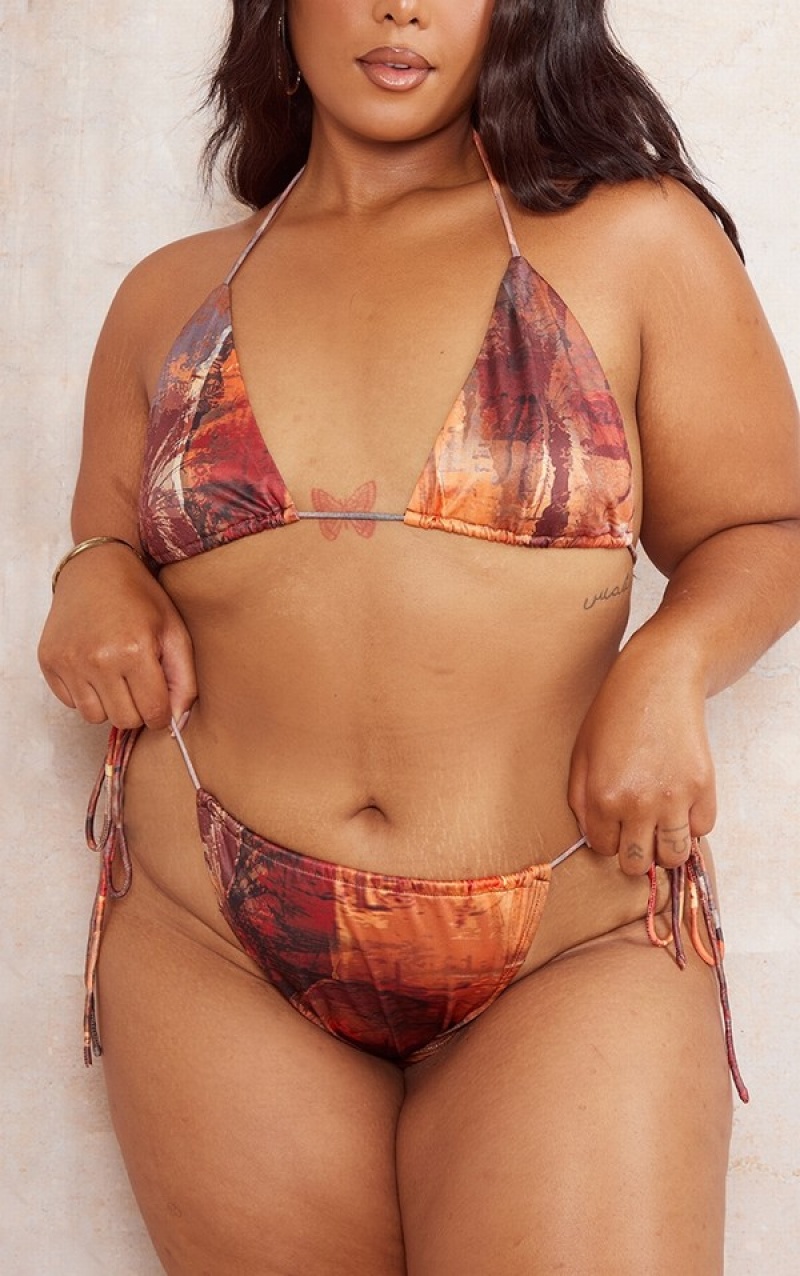 Brown Pretty Little Thing Plus Abstract Printed Tie Bikini Bottoms | ONLDCFJ-65