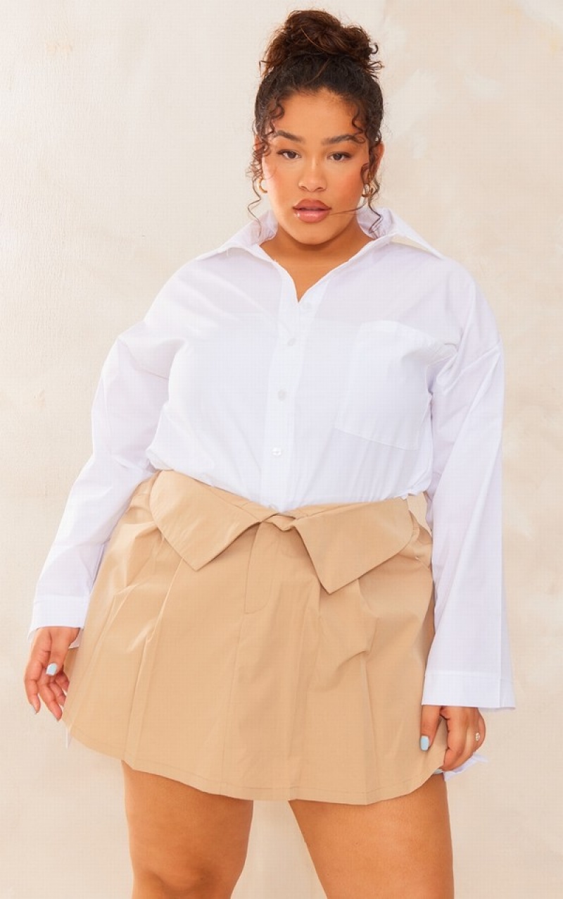 Brown Pretty Little Thing Plus Camel Fold Over Detail Pleated Skirts | FZJTREX-34