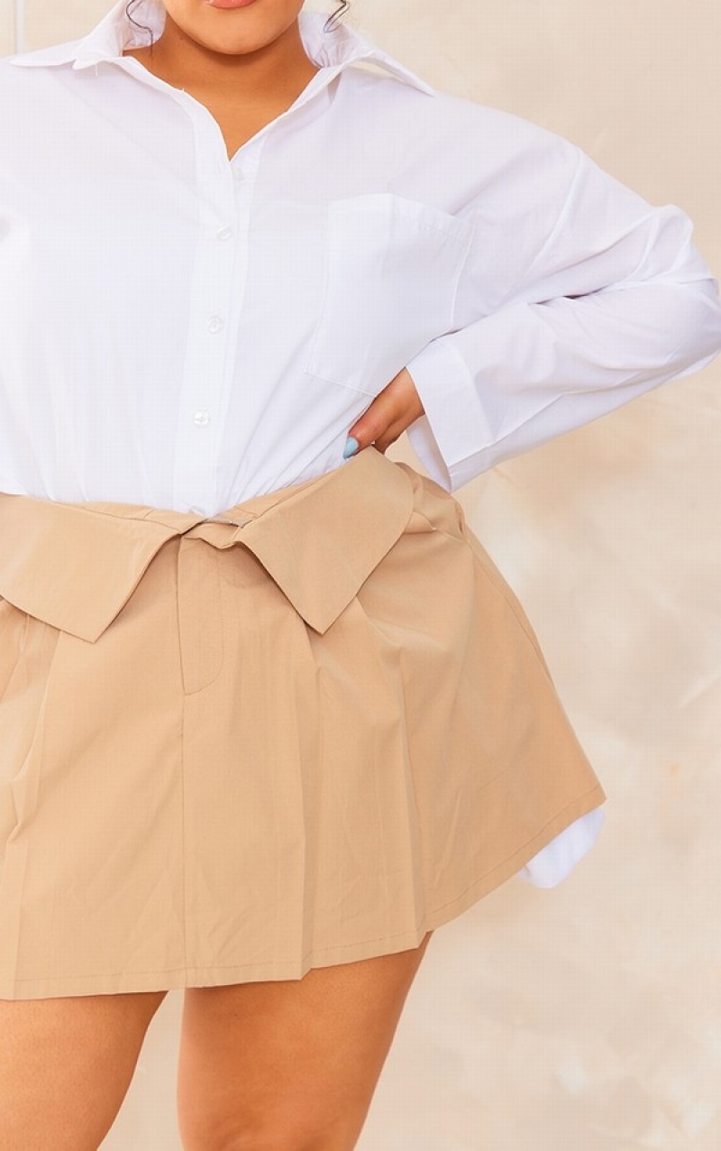 Brown Pretty Little Thing Plus Camel Fold Over Detail Pleated Skirts | FZJTREX-34