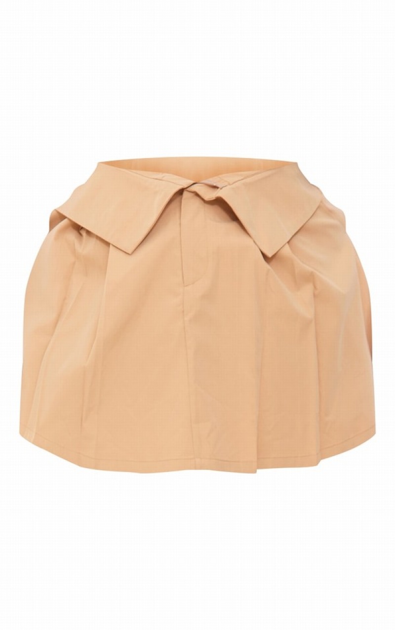 Brown Pretty Little Thing Plus Camel Fold Over Detail Pleated Skirts | FZJTREX-34