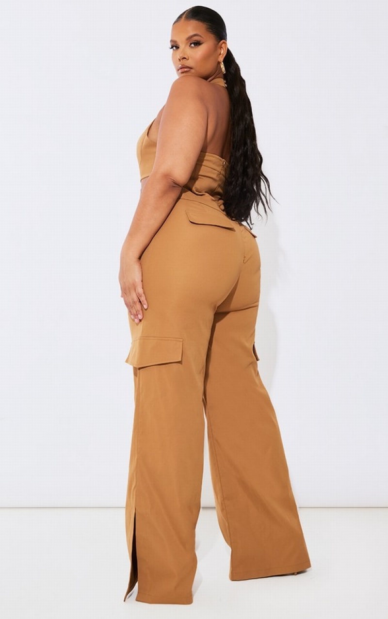 Brown Pretty Little Thing Plus Camel Halterneck Cargo Split Hem Jumpsuits | KTFHMWR-96