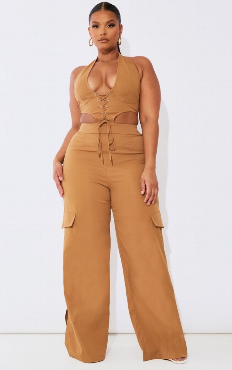 Brown Pretty Little Thing Plus Camel Halterneck Cargo Split Hem Jumpsuits | KTFHMWR-96