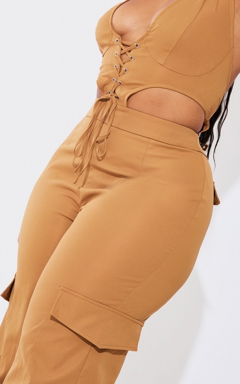 Brown Pretty Little Thing Plus Camel Halterneck Cargo Split Hem Jumpsuits | KTFHMWR-96