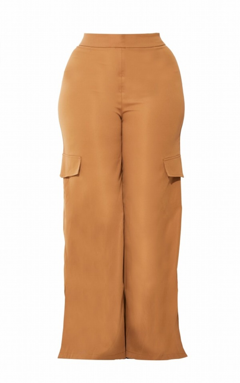 Brown Pretty Little Thing Plus Camel Halterneck Cargo Split Hem Jumpsuits | KTFHMWR-96