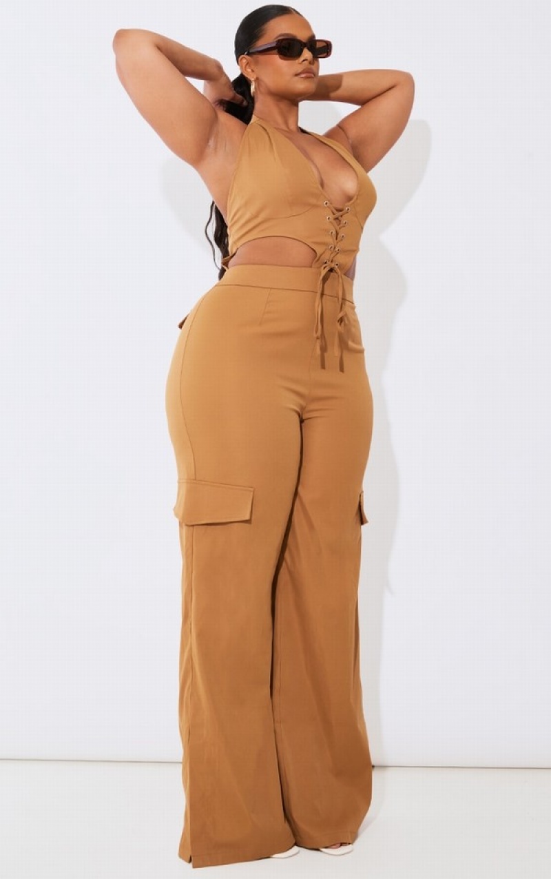 Brown Pretty Little Thing Plus Camel Halterneck Cargo Split Hem Jumpsuits | KTFHMWR-96