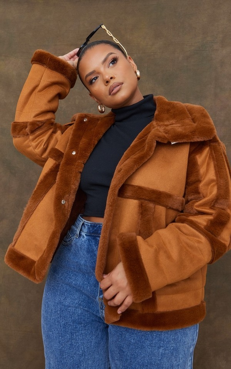 Brown Pretty Little Thing Plus Faux Suede Fur Trim Aviator Jackets | WKLJOUX-80