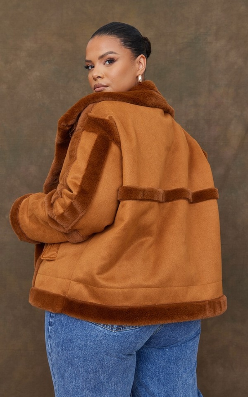 Brown Pretty Little Thing Plus Faux Suede Fur Trim Aviator Jackets | WKLJOUX-80